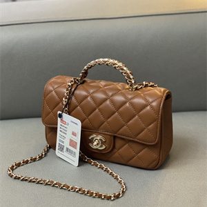 Cha.nel Small Flap Bag With Diamond Top Handle Lambskin Gold Tone Metal Brown AS4141