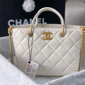 Cha.nel Tote Bag Lambskin Gold Tone Metal White AS4188