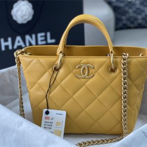 Cha.nel Tote Bag Lambskin Gold Tone Metal Yellow AS4188