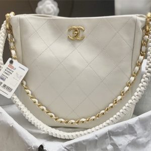 Cha.nel Hobo Handbag Tote Bag Calfskin Gold Tone Metal White AS4210