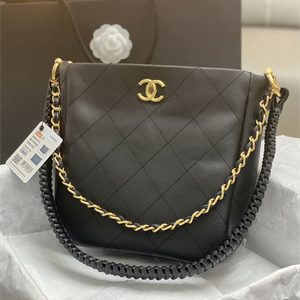 Cha.nel Hobo Handbag Tote Bag Calfskin Gold Tone Metal Black AS4210