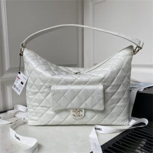 Cha.nel Maxi Hobo Bag Calfskin Gold Tone Metal White AS4339