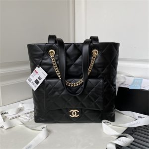 Cha.nel Tote Bag Calfskin Gold Tone Metal Black AS4359