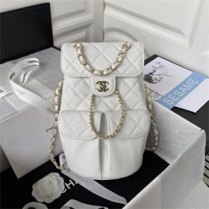 Cha.nel Backpack Grained Calfskin Gold Tone Metal White AS3200