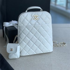 Cha.nel Backpack Grained Calfskin Gold Tone Metal White AS3332