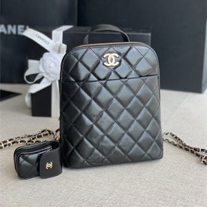 Cha.nel Backpack Grained Calfskin Gold Tone Metal Black AS3332
