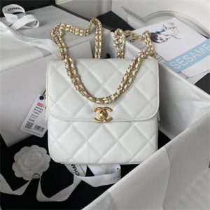 Cha.nel Backpack Lambskin Gold Tone Metal White AS3884