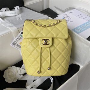 Cha.nel Backpack Grained Calfskin Gold Tone Metal Yellow AS4058