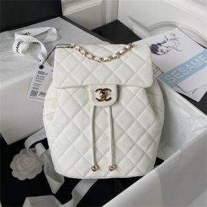 Cha.nel Backpack Grained Calfskin Gold Tone Metal White AS4059