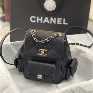 Cha.nel Backpack Grained Calfskin Gold Tone Metal Black AS4398