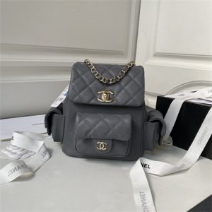 Cha.nel Backpack Grained Calfskin Gold Tone Metal Grey AS4399