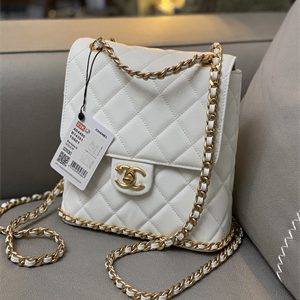 Cha.nel Backpack Grained Calfskin Gold Tone Metal White AS4490