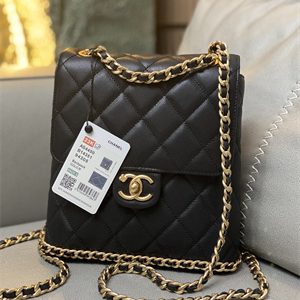 Cha.nel Backpack Grained Calfskin Gold Tone Metal Black AS4490