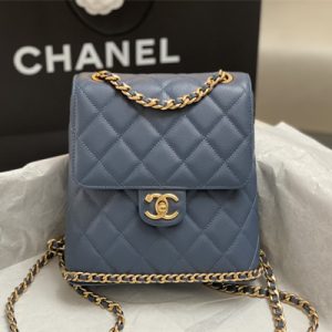 Cha.nel Backpack Grained Calfskin Gold Tone Metal Dk Blue AS4490