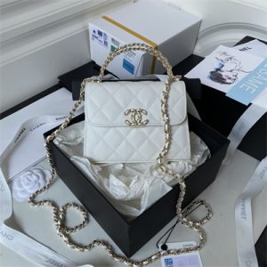 Cha.nel Clutch With Chain Top Handle Grained Calfskin Gold Tone Metal White AP3237