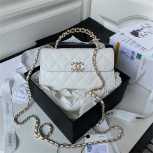 Cha.nel Clutch With Chain Top Handle Grained Calfskin Gold Tone Metal White AP3238