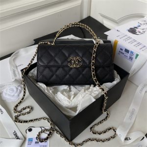 Cha.nel Clutch With Chain Top Handle Grained Calfskin Gold Tone Metal Black AP3238