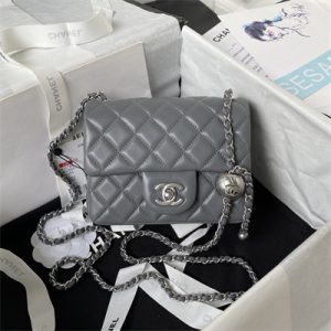Cha.nel Super Mini Flap Bag Lambskin With Ball Silver Tone Metal Dark Grey AS1786
