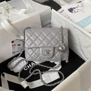Cha.nel Super Mini Flap Bag Lambskin With Ball Silver Tone Metal Grey AS1786