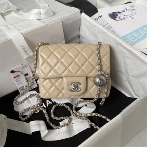 Cha.nel Super Mini Flap Bag Lambskin With Ball Silver Tone Metal Beige AS1786