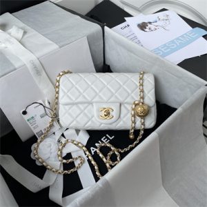 Cha.nel Mini Flap Bag Lambskin With Ball Gold Tone Metal White AS1787