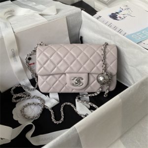 Cha.nel Mini Flap Bag Lambskin With Ball Silver Tone Metal Nude AS1787