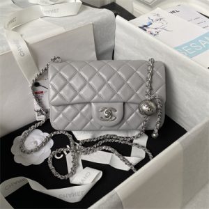 Cha.nel Mini Flap Bag Lambskin With Ball Silver Tone Metal Lt Grey AS1787