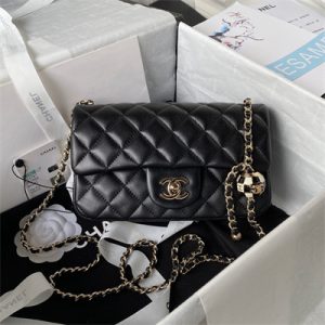 Cha.nel Mini Flap Bag Lambskin Football Gold Tone Metal Black AS1787