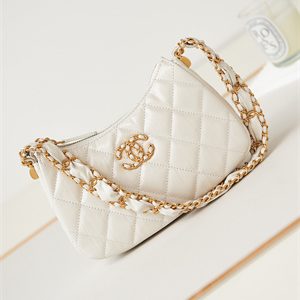 Cha.nel Mini Hobo Bag Aged Calfskin Gold Tone Metal White AS3647