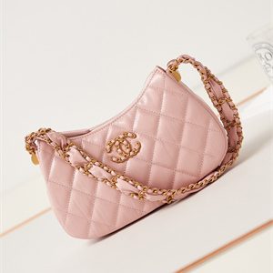 Cha.nel Mini Hobo Bag Aged Calfskin Gold Tone Metal Pink AS3647