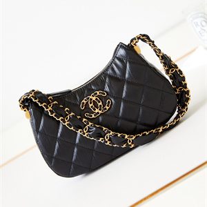Cha.nel Mini Hobo Bag Aged Calfskin Gold Tone Metal Black AS3647