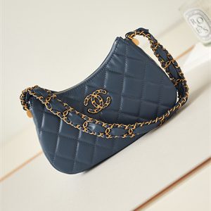 Cha.nel Mini Hobo Bag Aged Calfskin Gold Tone Metal Navy AS3647
