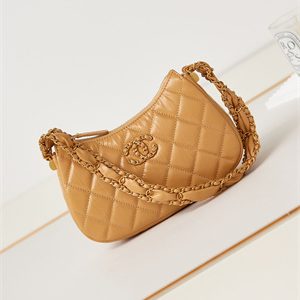 Cha.nel Mini Hobo Bag Aged Calfskin Gold Tone Metal Brown AS3647