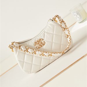 Cha.nel Hobo Bag Aged Calfskin Gold Tone Metal White AS4422
