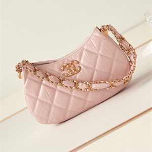 Cha.nel Hobo Bag Aged Calfskin Gold Tone Metal Pink AS4422