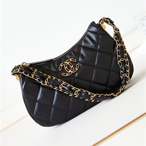 Cha.nel Hobo Bag Aged Calfskin Gold Tone Metal Black AS4422