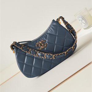 Cha.nel Hobo Bag Aged Calfskin Gold Tone Metal Navy AS4422