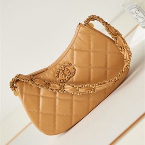 Cha.nel Hobo Bag Aged Calfskin Gold Tone Metal Brown AS4422