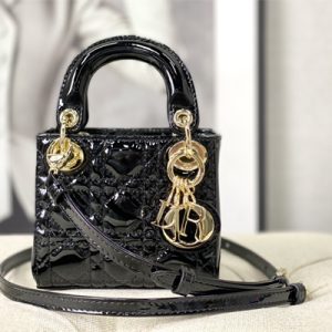 CD Micro Lady Di.or Bag Patent Cannage Calfskin Gold Tone Metal Black