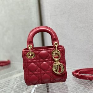 CD Micro Lady Di.or Bag Cannage Lambskin Gold Tone Metal Red