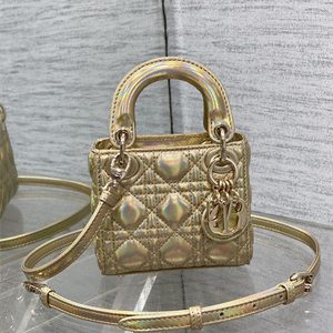 CD Micro Lady Di.or Bag Cannage Lambskin Gold Tone Metal Champagne Gold