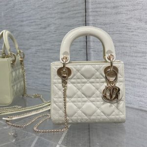CD Mini Lady Di.or Bag Patent Cannage Calfskin  Gold Tone Metal White