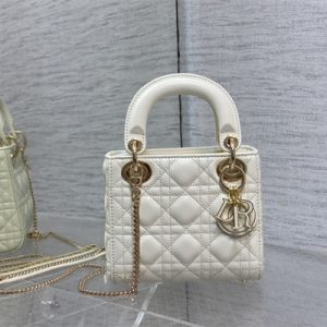 CD Mini Lady Di.or Bag Cannage Lambskin Enamel Charms Gold Tone Metal White