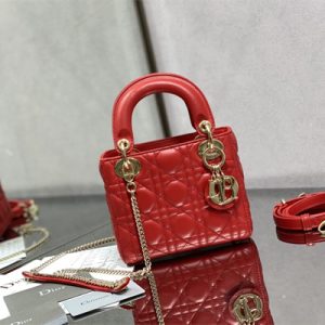 CD Mini Lady Di.or Bag Cannage Lambskin Gold Tone Metal Red