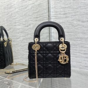 CD Mini Lady Di.or Bag Cannage Grained Calfskin Gold Tone Metal Black