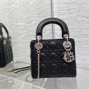 CD Mini Lady Di.or Bag Cannage Grained Calfskin Silver Tone Metal Black