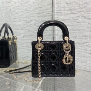 CD Mini Lady Di.or Bag Patent Cannage Calfskin Gold Tone Metal Black