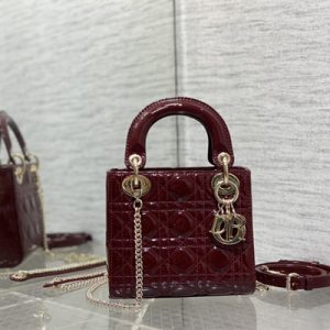 CD Mini Lady Di.or Bag Patent Cannage Calfskin Gold Tone Metal Burgundy