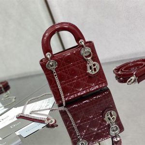 CD Mini Lady Di.or Bag Patent Cannage Calfskin Silver Tone Metal Burgundy