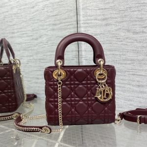CD Mini Lady Di.or Bag Cannage Lambskin Gold Tone Metal Burgundy